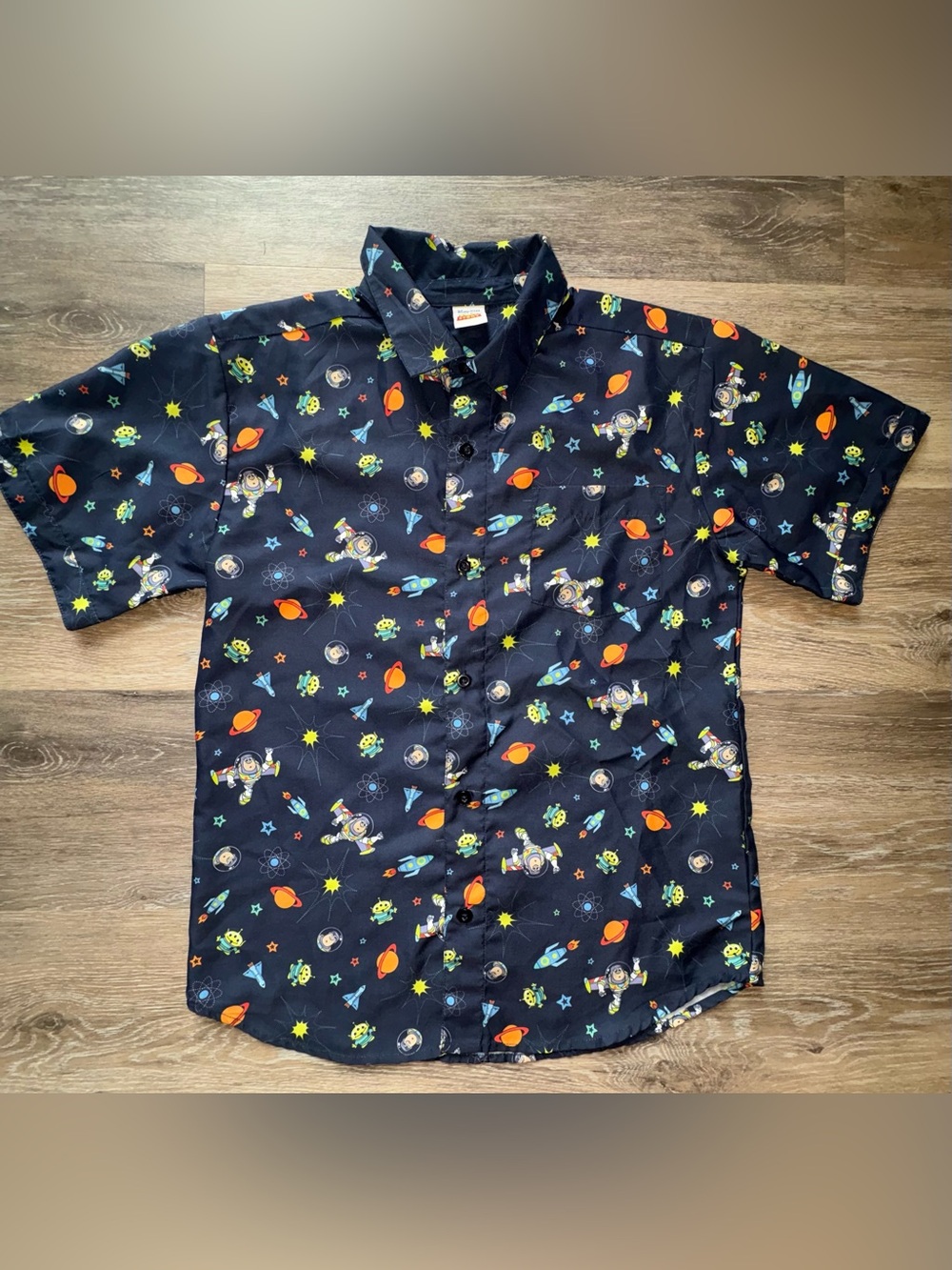 Toy Story Navy Buzz Print- Short Sleeve Button-Down Shirt